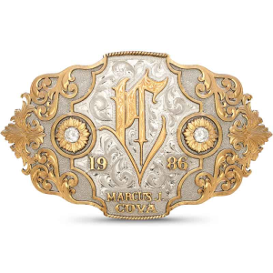 A custom belt buckle for women featuring a personalized golden initial, sunflowers and scrolls 